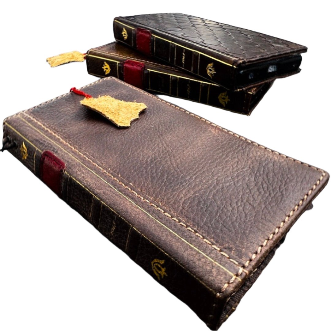 ARICHI Handcrafted Vintage Bible-Style Leather iPhone Case – Smoked Wax Finish Book Cover