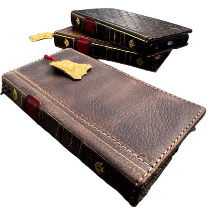 ARICHI Handcrafted Vintage Bible-Style Leather iPhone Case – Smoked Wax Finish Book Cover