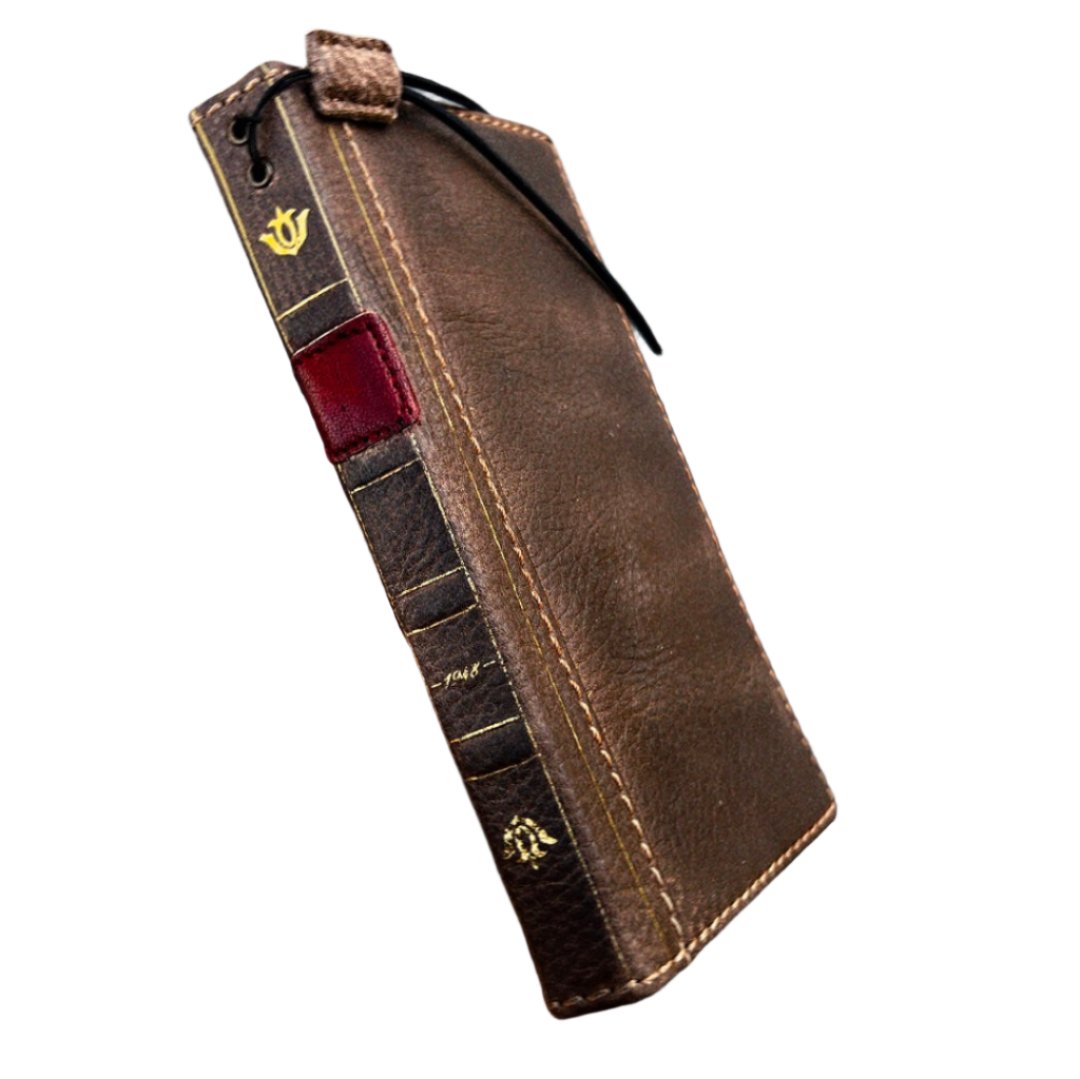 ARICHI Handcrafted Vintage Bible-Style Leather iPhone Case – Smoked Wax Finish Book Cover