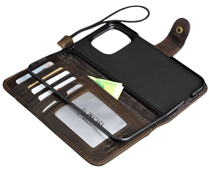 ARICHI Handmade Dark Leather iPhone Case – Magnetic Flap, Card Slots, Wireless Charging, Vintage Style for iPhone 11–17 Pro Max Air Wallet