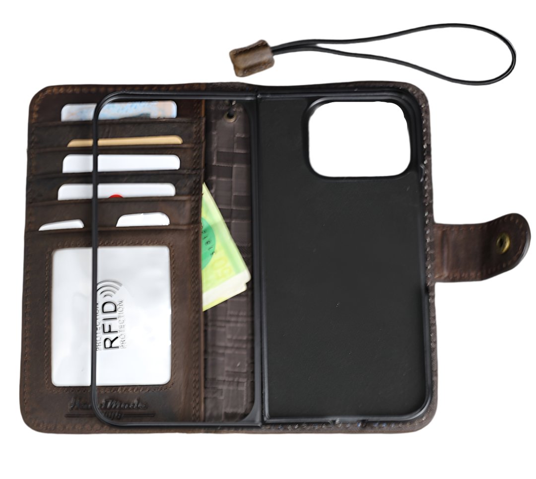 ARICHI Handmade Dark Leather For Galaxy Case – Card Slots, Wireless Charging, Vintage Style for S26, S23, S24, S25 Edge, Note 20 A56 A71 Z Fold 7
