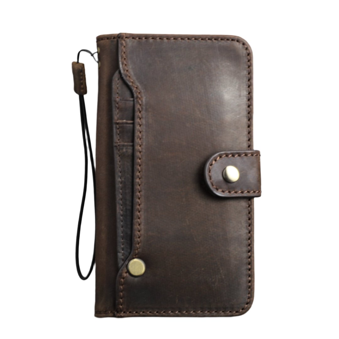 ARICHI Handmade Dark Leather iPhone Case – Magnetic Flap, Card Slots, Wireless Charging, Vintage Style for iPhone 11–17 Pro Max Air Wallet