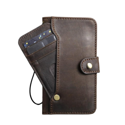 ARICHI Handmade Dark Leather iPhone Case – Magnetic Flap, Card Slots, Wireless Charging, Vintage Style for iPhone 11–17 Pro Max Air Wallet