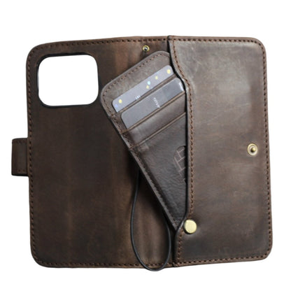 ARICHI Handmade Dark Leather iPhone Case – Magnetic Flap, Card Slots, Wireless Charging, Vintage Style for iPhone 11–17 Pro Max Air Wallet