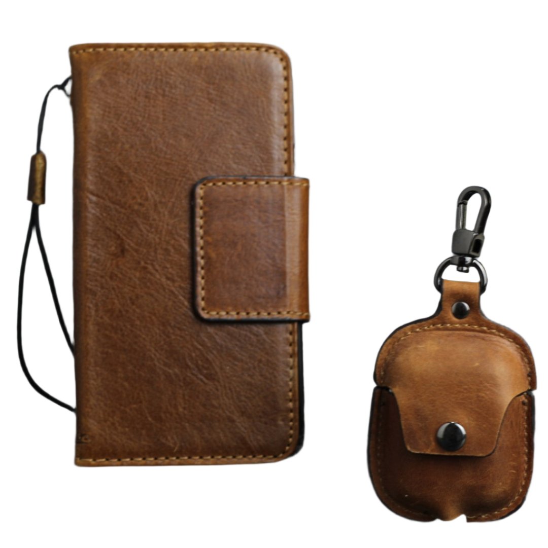 ARICHI Handmade Leather iPhone Case – Tan Finish, Magnetic Clasp, Card Slots, Wireless Charging, for iPhone 11–17 Pro Max Wallet