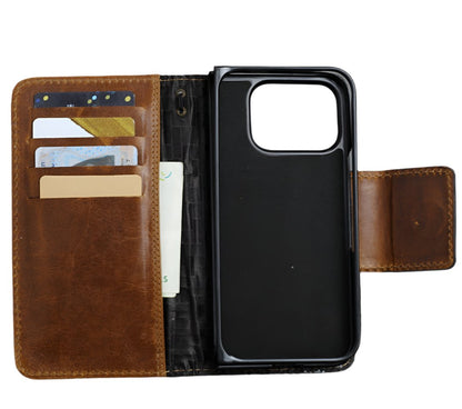 ARICHI Handmade Leather iPhone Case – Tan Finish, Magnetic Clasp, Card Slots, Wireless Charging, for iPhone 11–17 Pro Max Wallet