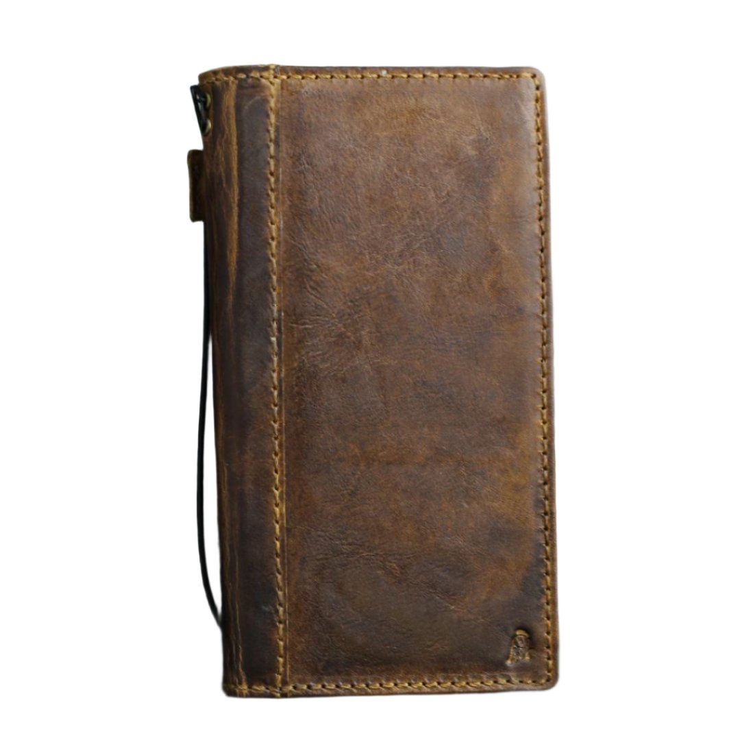 ARICHI Handmade Waxed Leather iPhone Case – Polished Sanded Finish, Vintage Style with White Stitching, for iPhone 11–17 Pro Max Wallet Cover