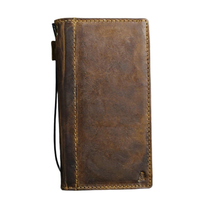 ARICHI Handmade Waxed Leather iPhone Case – Polished Sanded Finish, Vintage Style with White Stitching, for iPhone 11–17 Pro Max Wallet Cover