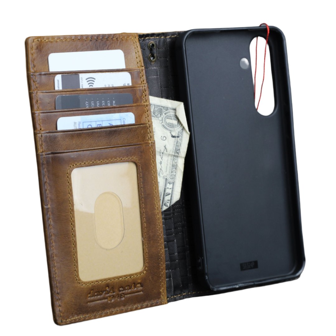 ARICHI Handmade Waxed Leather iPhone Case – Polished Sanded Finish, Vintage Style with White Stitching, for iPhone 11–17 Pro Max Wallet Cover