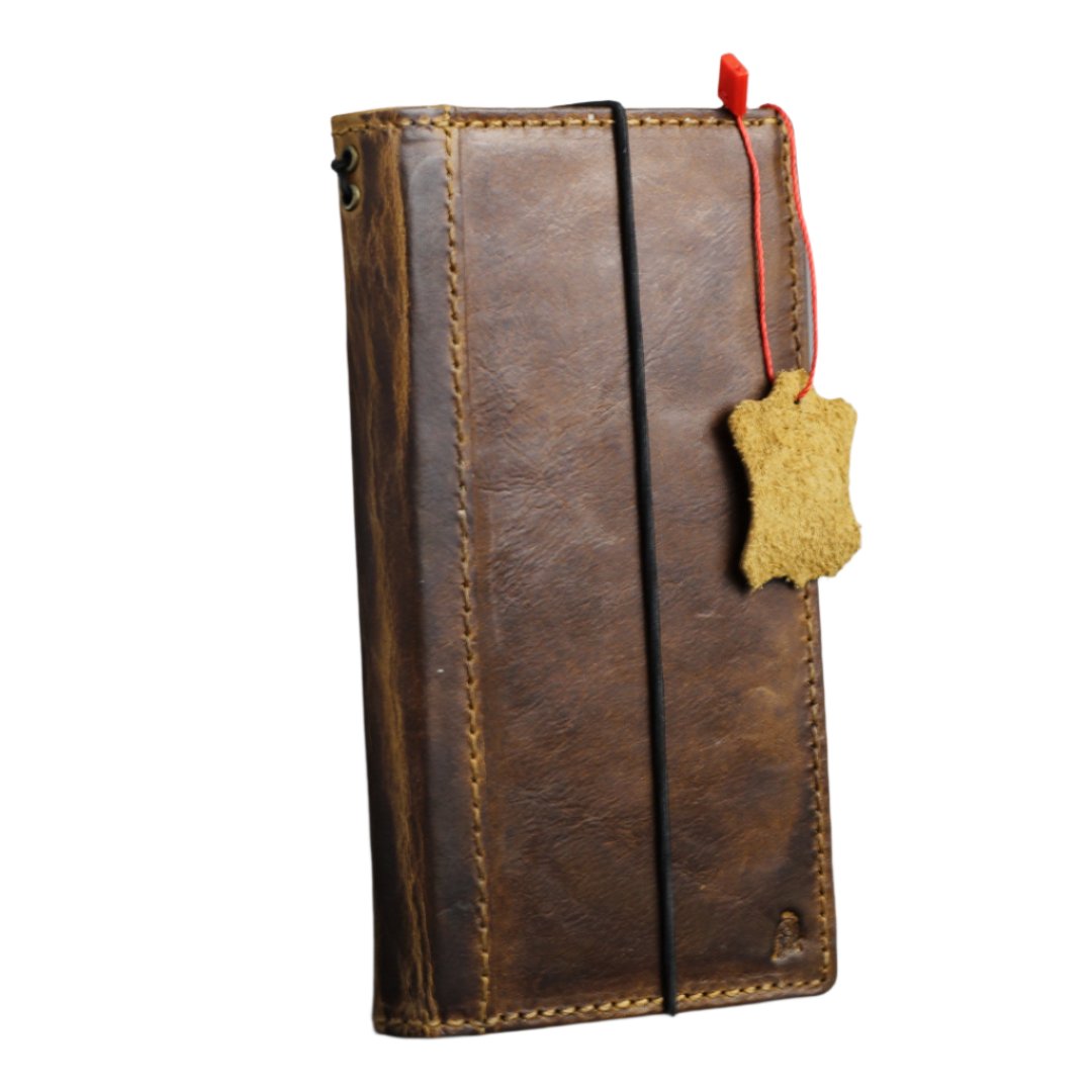 ARICHI Handmade Waxed Leather iPhone Case – Polished Sanded Finish, Vintage Style with White Stitching, for iPhone 11–17 Pro Max Wallet Cover