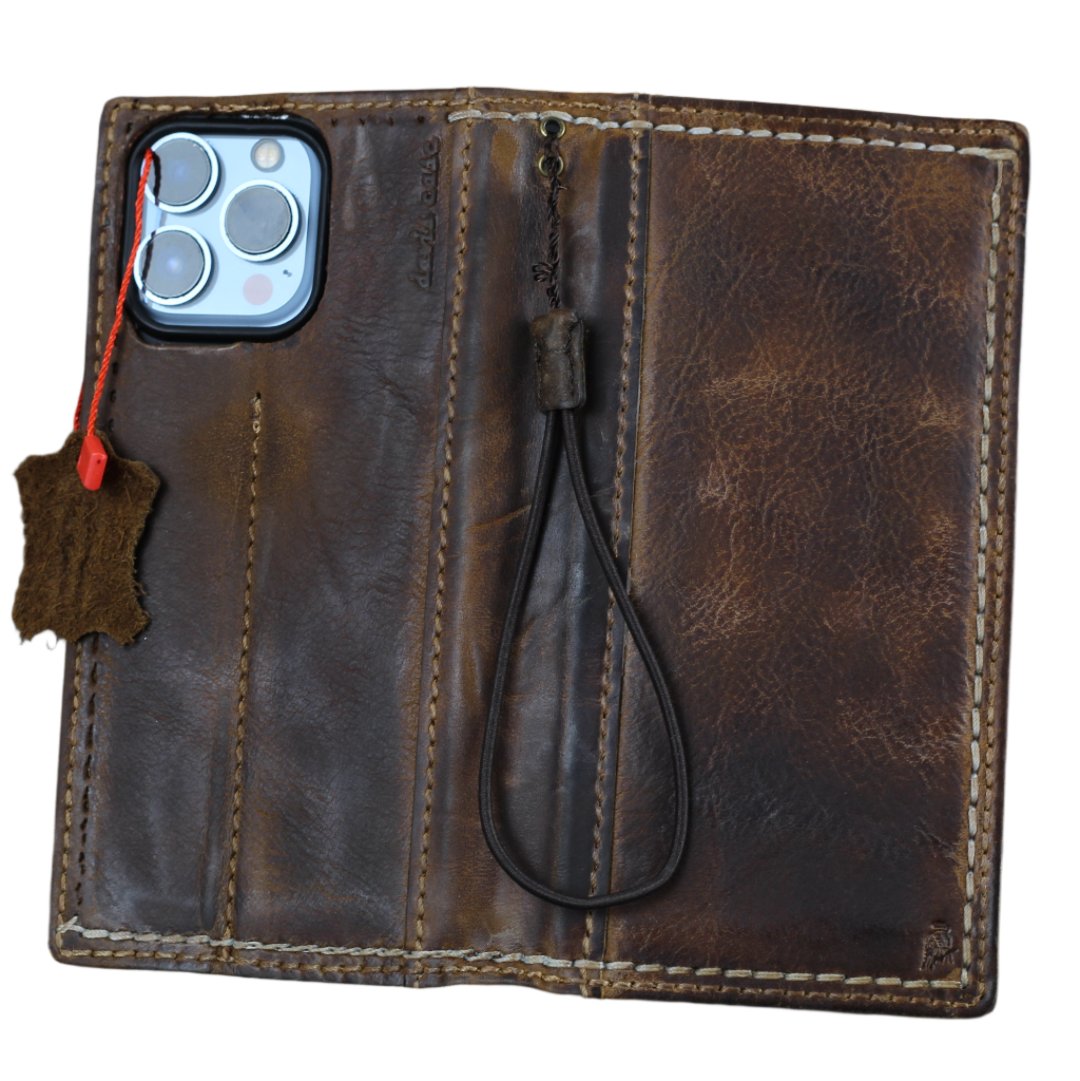 ARICHI Handmade Waxed Leather iPhone Case – Polished Finish with White Hand-Stitched Seams, Wallet Book Cover for iPhone 11–17 Pro Max SE XS