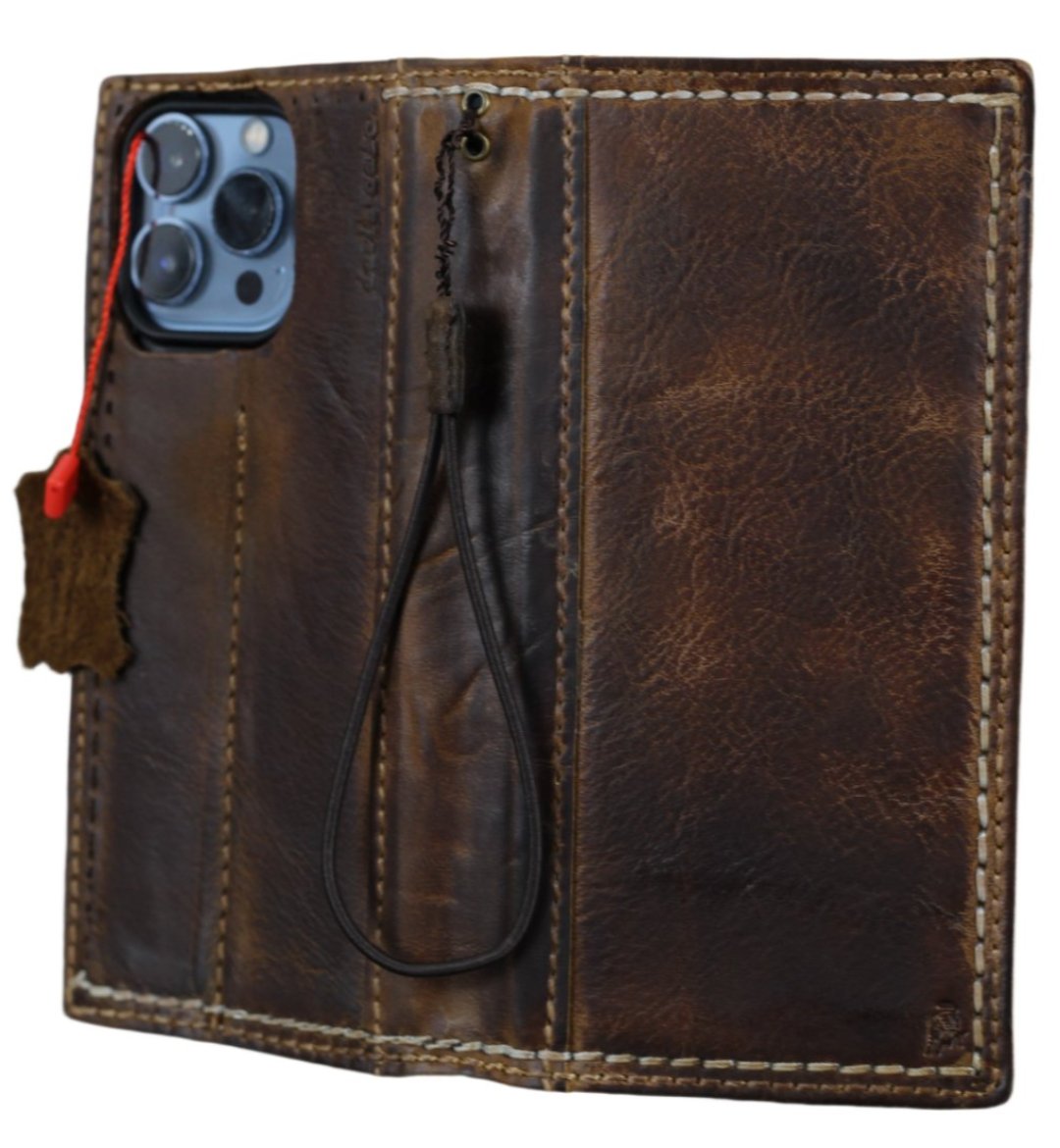 ARICHI Handmade Waxed Leather iPhone Case – Polished Finish with White Hand-Stitched Seams, Wallet Book Cover for iPhone 11–17 Pro Max SE XS