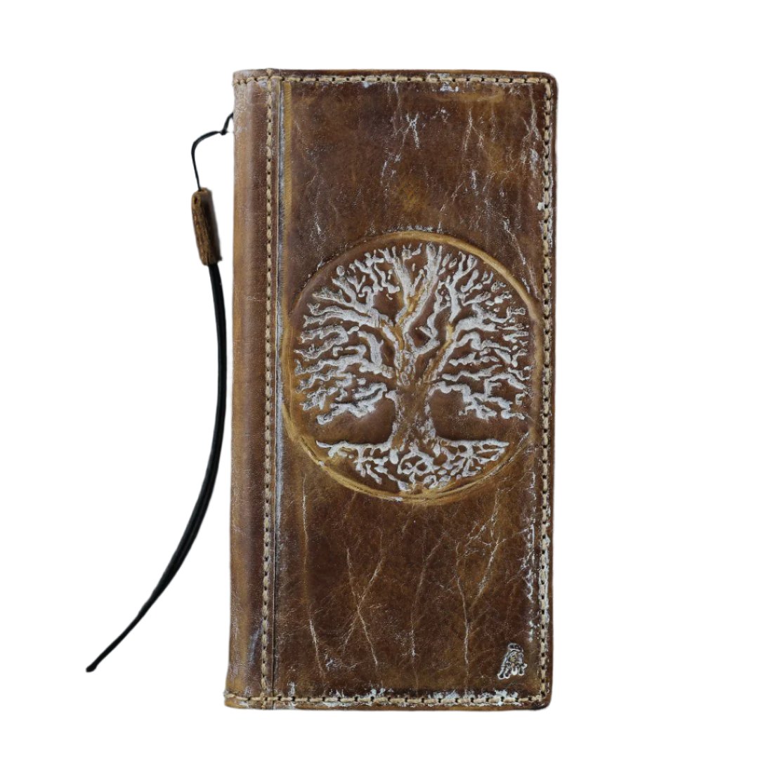 ARICHI Genuine Vintage Leather Wallet Phone Case for Google Pixel 4-10 Pro XL | Handmade Book-Style Cover with white Tree Of Life Embossing