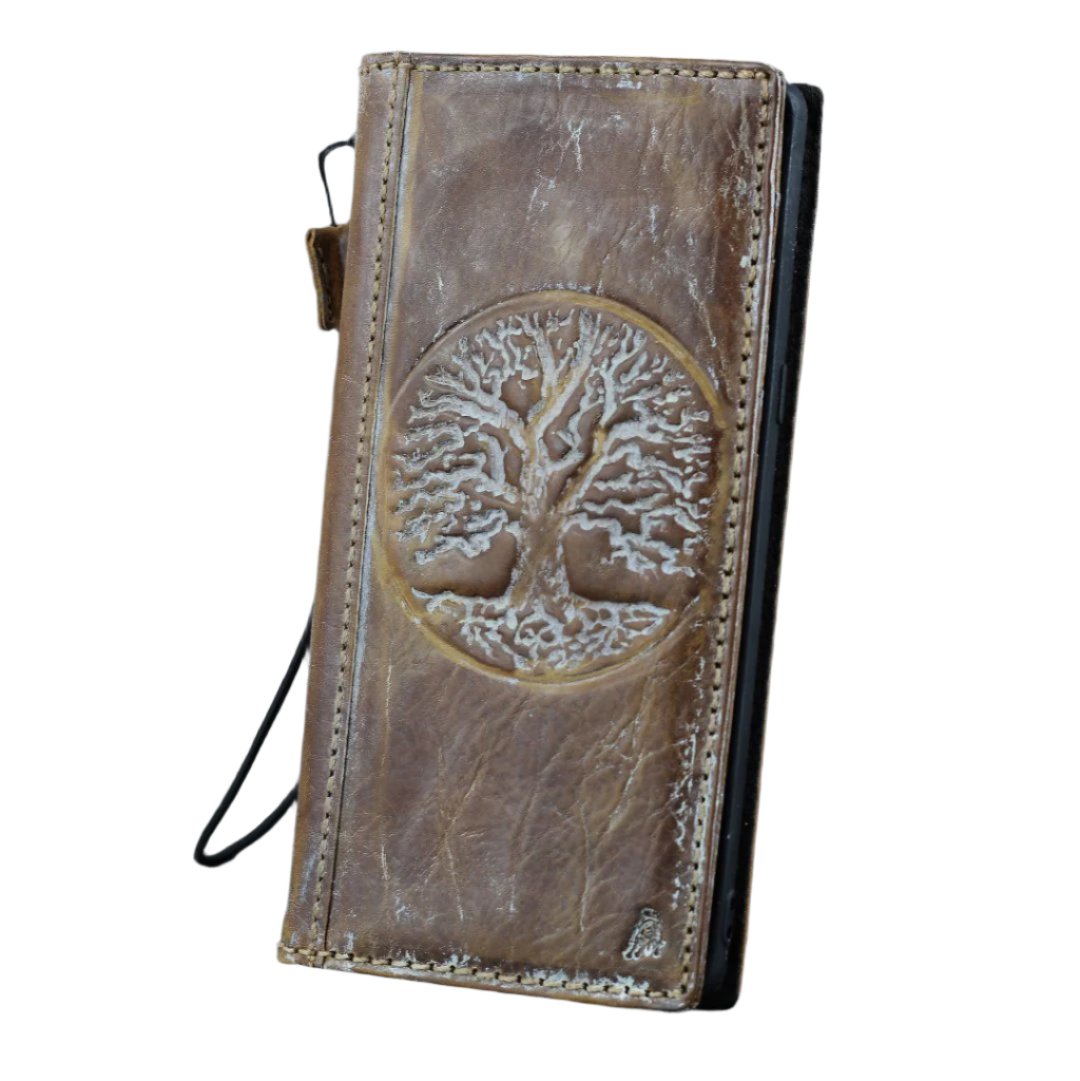 ARICHI Genuine Vintage Leather Wallet Phone Case for Google Pixel 4-10 Pro XL | Handmade Book-Style Cover with white Tree Of Life Embossing