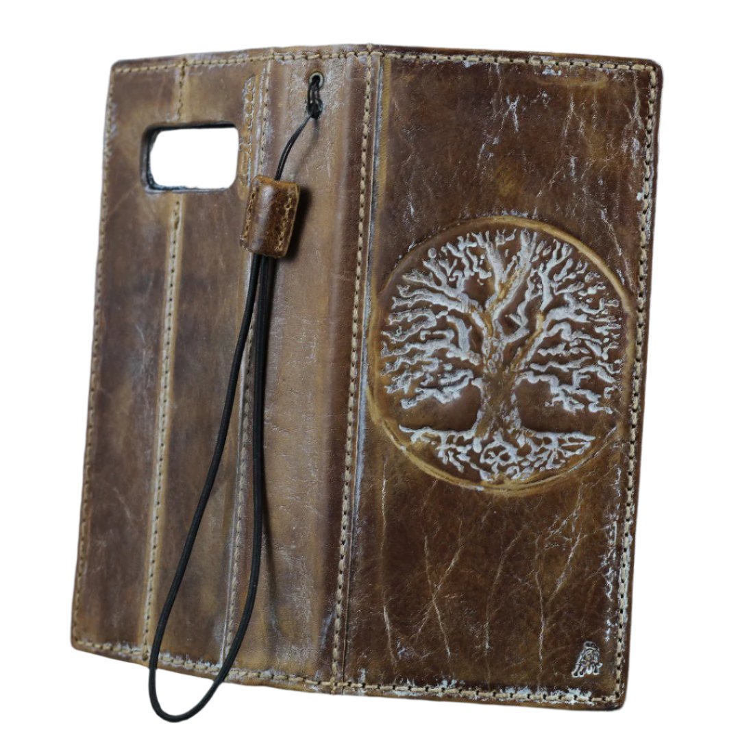 ARICHI Genuine Vintage Leather Wallet Phone Case for Google Pixel 4-10 Pro XL | Handmade Book-Style Cover with white Tree Of Life Embossing