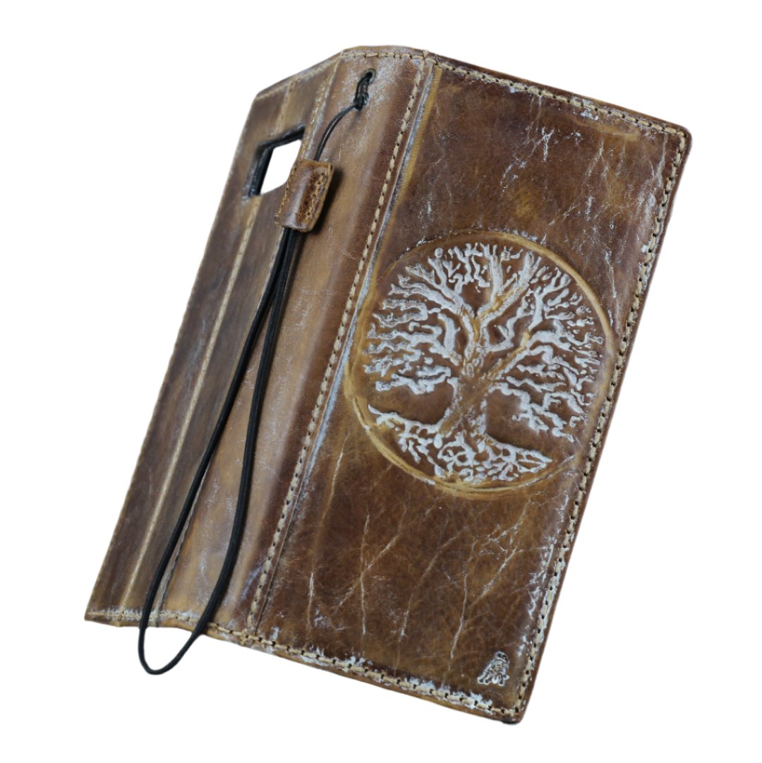 ARICHI Genuine Vintage Leather Wallet Phone Case for Google Pixel 4-10 Pro XL | Handmade Book-Style Cover with white Tree Of Life Embossing