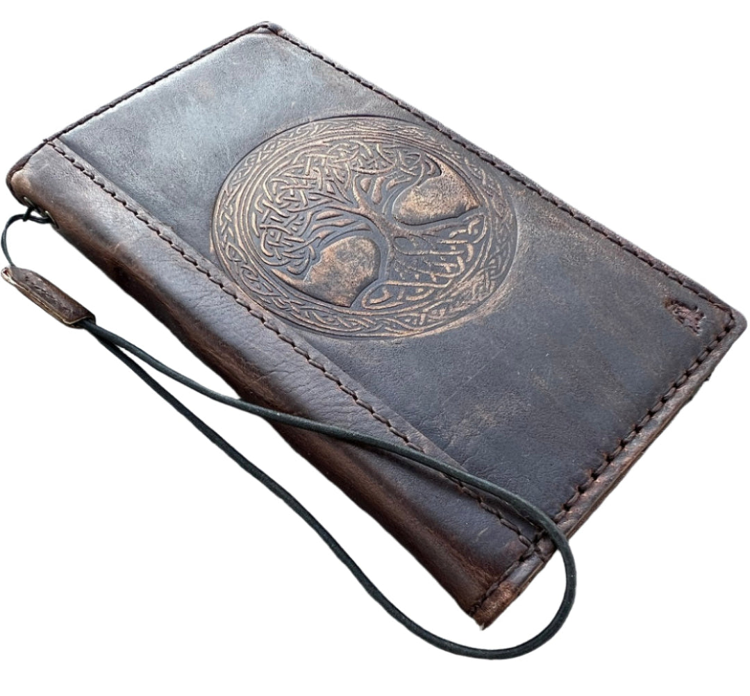 Handmade Dark Brown Leather Samsung GalaxyS26,  S25 Edge, S24, S23, S22 Ultra, Fe Case with Tree of Life Embossing, Card Slots