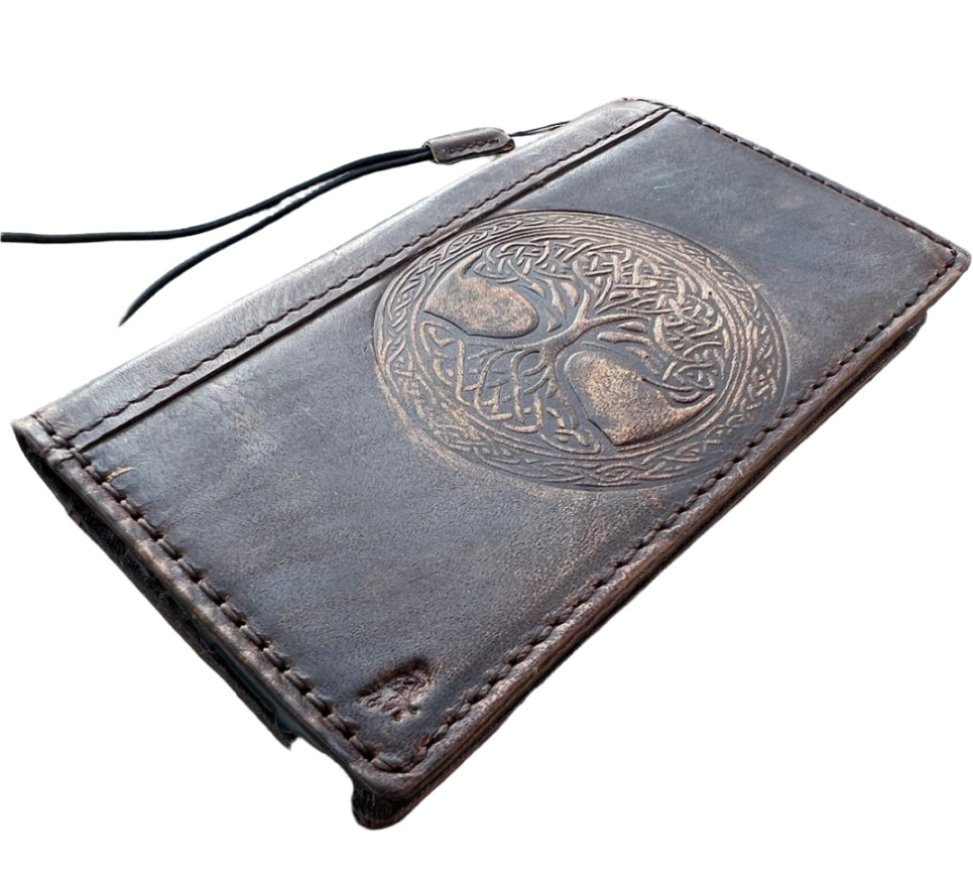 Handmade Dark Brown Leather Samsung GalaxyS26,  S25 Edge, S24, S23, S22 Ultra, Fe Case with Tree of Life Embossing, Card Slots