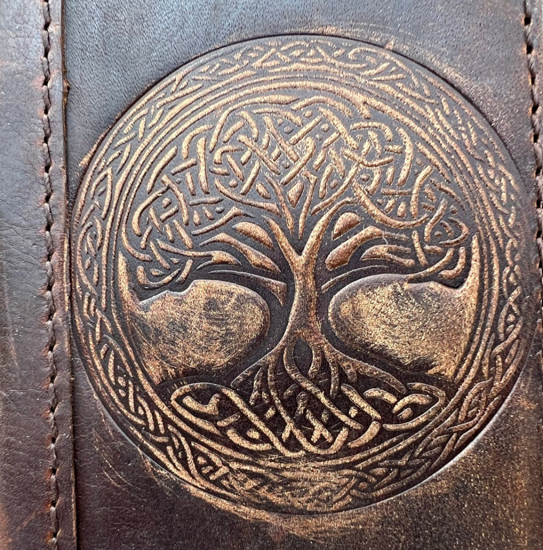Handmade Dark Brown Leather Samsung GalaxyS26,  S25 Edge, S24, S23, S22 Ultra, Fe Case with Tree of Life Embossing, Card Slots