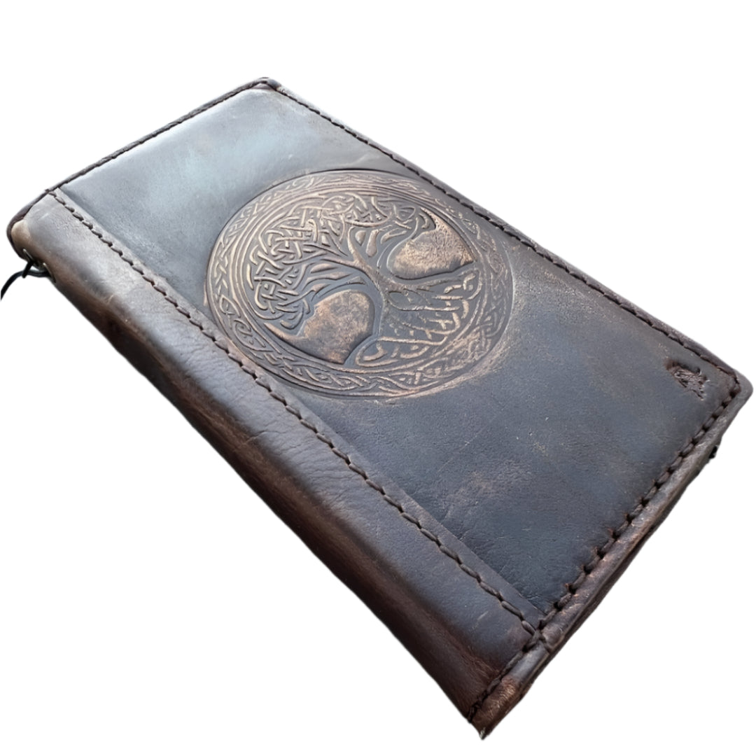 Handmade Dark Brown Leather Samsung GalaxyS26,  S25 Edge, S24, S23, S22 Ultra, Fe Case with Tree of Life Embossing, Card Slots