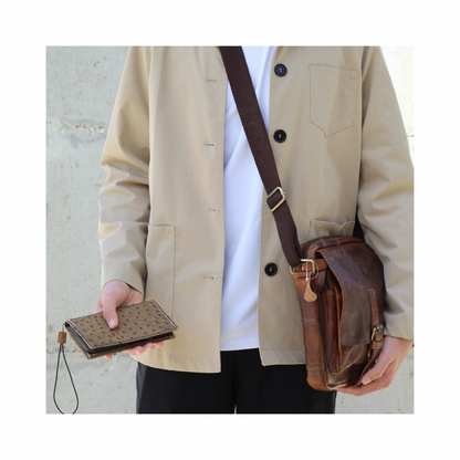 Vintage leather Samsung wallet case with ostrich texture and artisan stitching