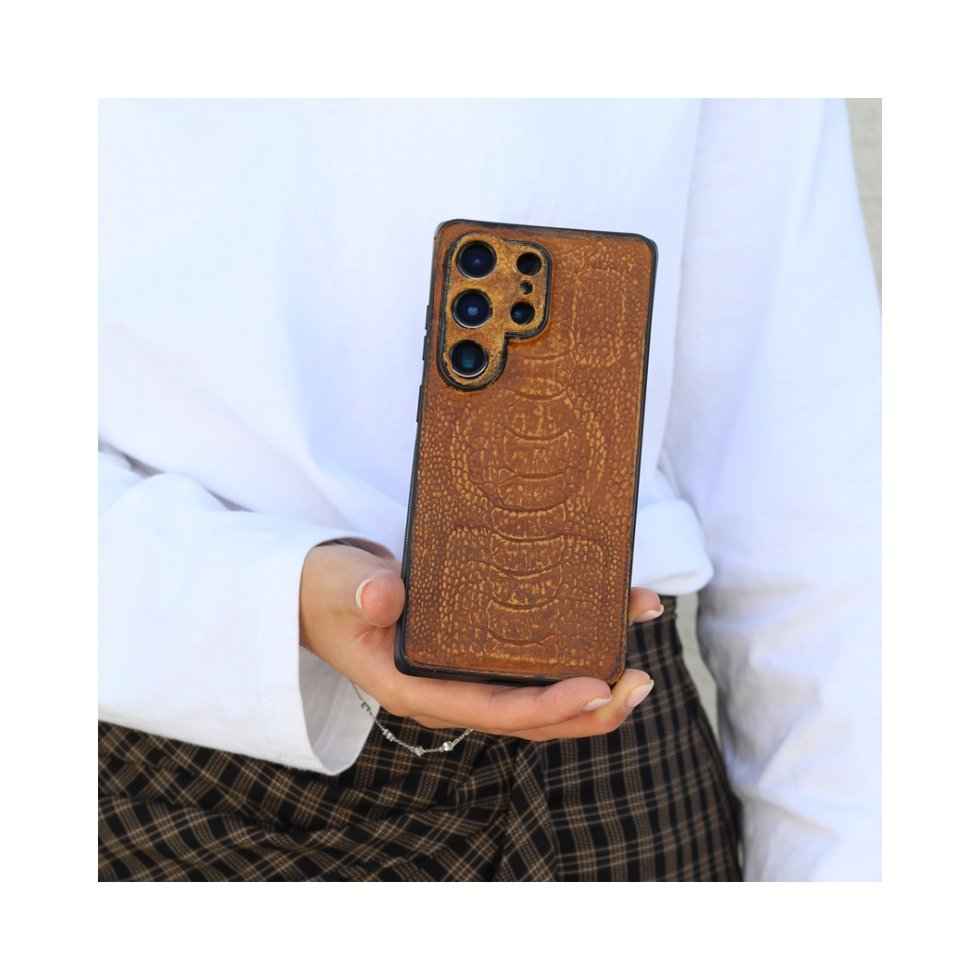 brown ostrich leather phone case handmade samsung galaxy premium