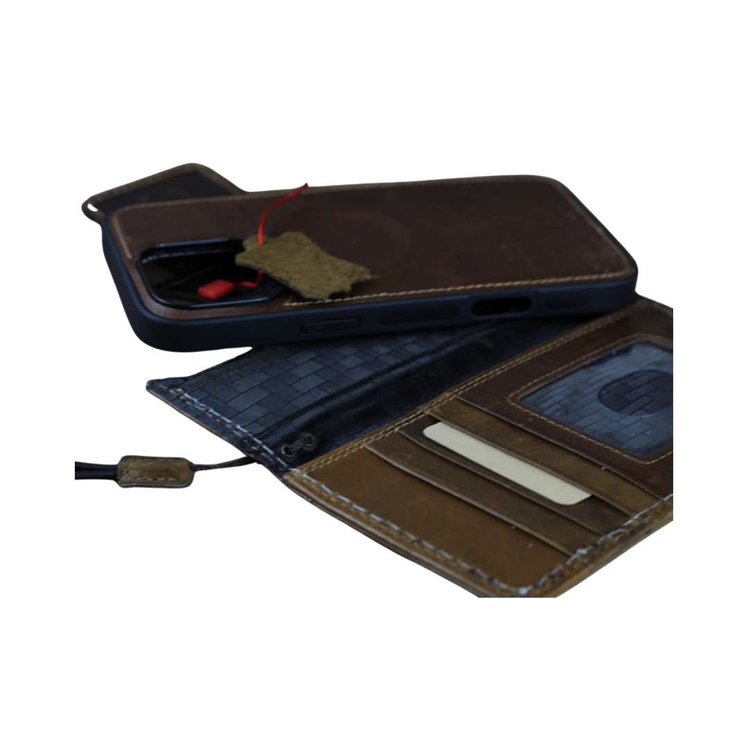 Genuine Ostrich-Embossed Leather iPhone Case with Card Slots Handmade Luxury Leather Cover with White Stitching