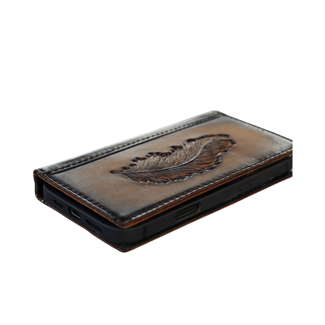 engraved feather leather iphone case folio style