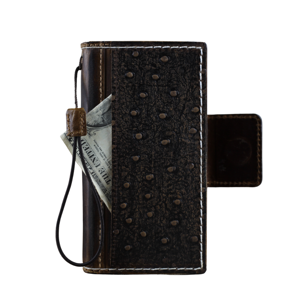 Genuine Ostrich-Embossed Leather iPhone Case with Card Slots Handmade Luxury Leather Cover with White Stitching