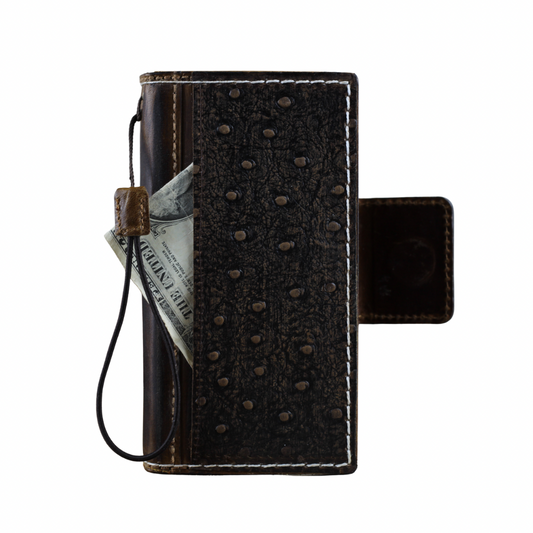 Genuine Ostrich-Embossed Leather iPhone Case with Card Slots Handmade Luxury Leather Cover with White Stitching