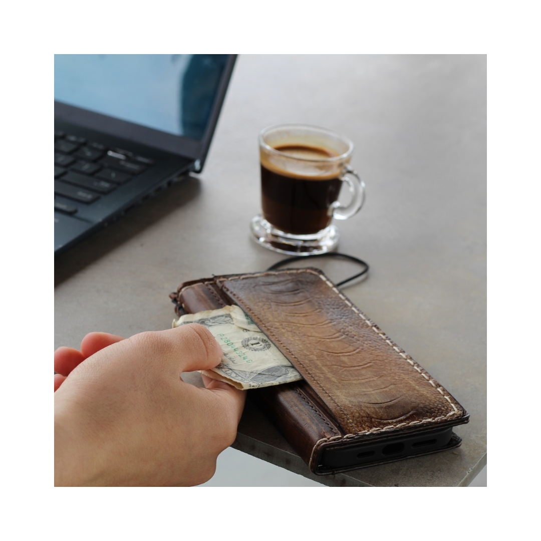 handmade ostrich leather wallet phone case with front pocket vintage brown book style