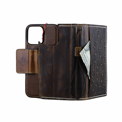 Genuine Ostrich-Embossed Leather iPhone Case with Card Slots Handmade Luxury Leather Cover with White Stitching