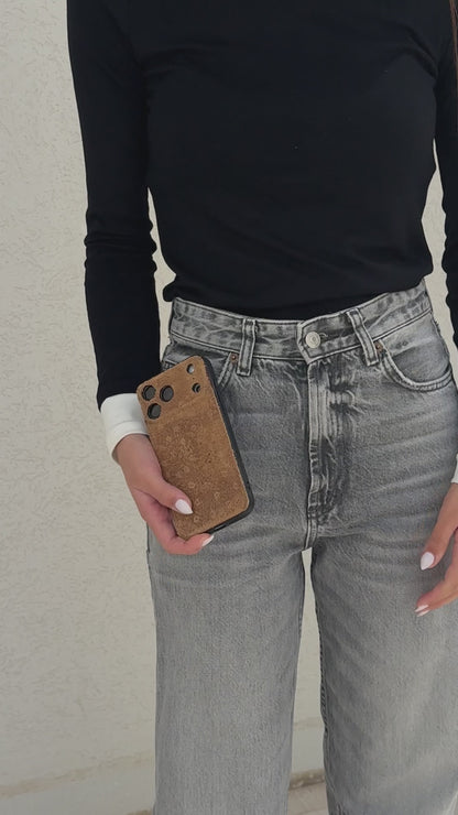 Suede Leather iPhone Case – Ostrich Embossed Genuine Leather | Handmade Luxury Suede Phone Cover for iPhone 17, 16, 15, 14 | Brown Vintage Finish
