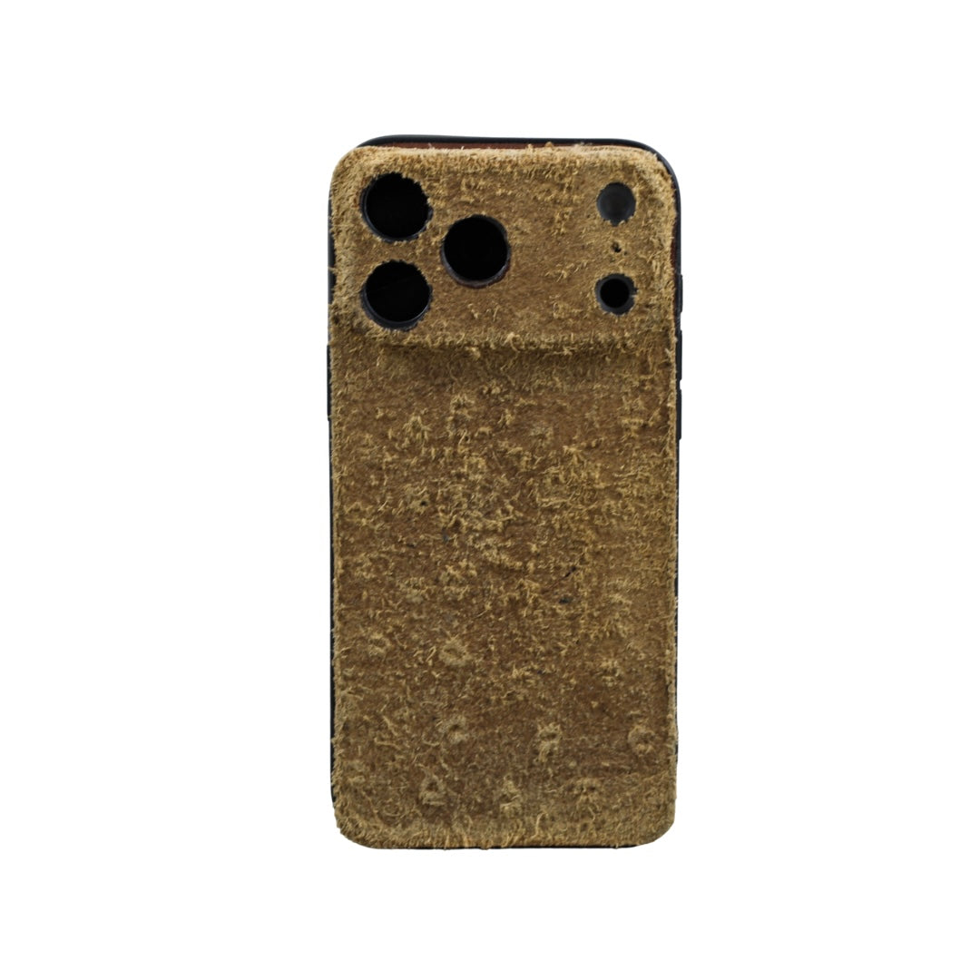 Suede Leather iPhone Case – Ostrich Embossed Genuine Leather | Handmade Luxury Suede Phone Cover for iPhone 17, 16, 15, 14 | Brown Vintage Finish